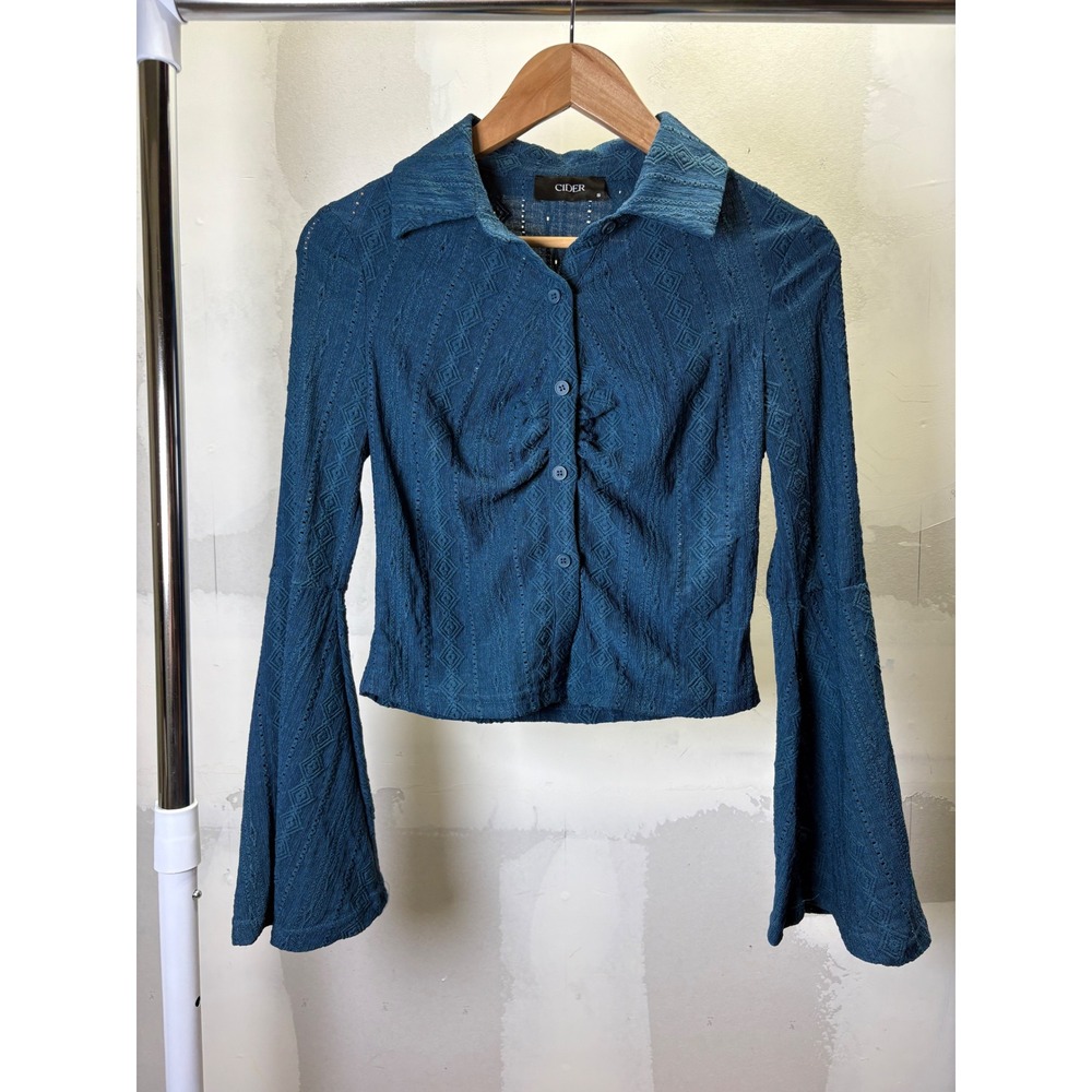 Cider Teal Blue Pointelle Knit Button Up Bell Sleeve Top Small Retro 70s Boho
